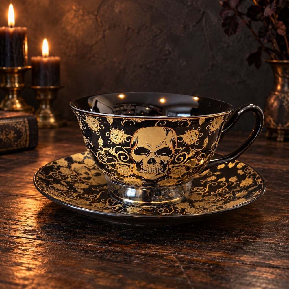 New Halloween Skulls & Roses Gold / Black Tea Cup & Saucer Gothic Tea Set